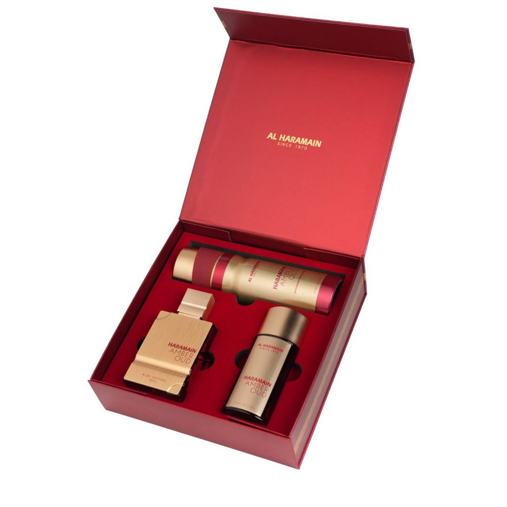 HARAMAIN AMBER OUD RUBY EDITION SET (2.5OZ,30ML,BODY DEODORNT)